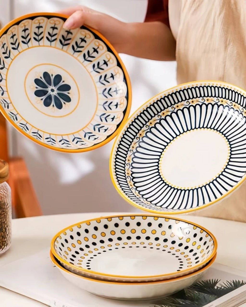 4 Pratos de Cerâmica em Relevo Design Japonês para Mesa Posta