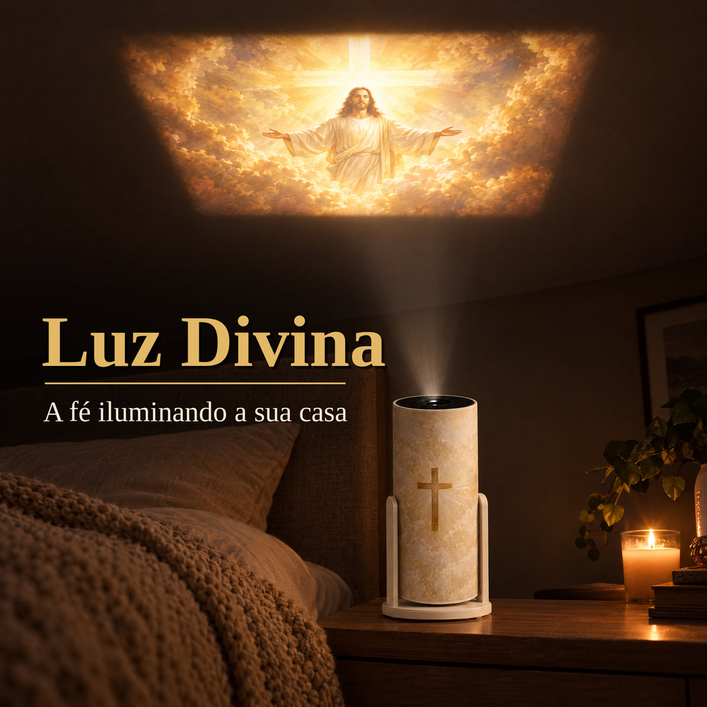 Projetor Luz Divina projetando Jesus no teto do quarto