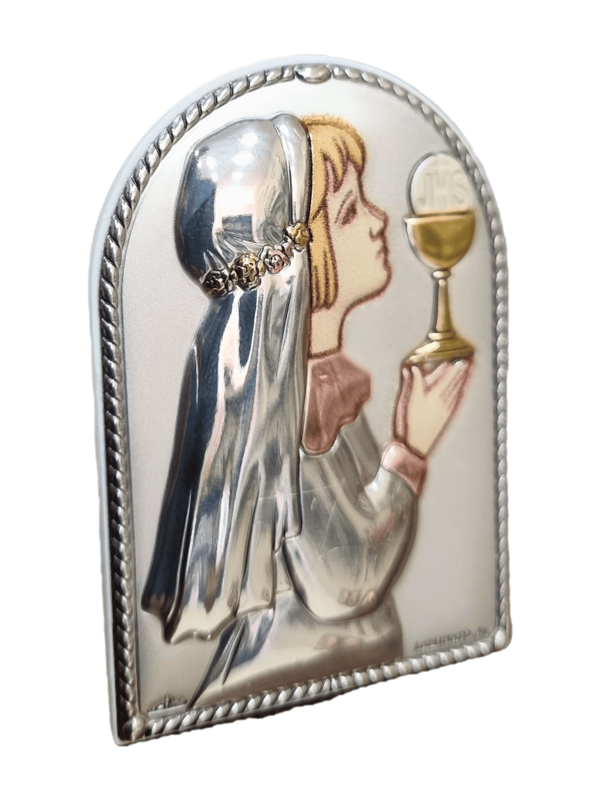 Adorno de Prata Italiano Eucaristia Menina 5,5 cm x 4 cm