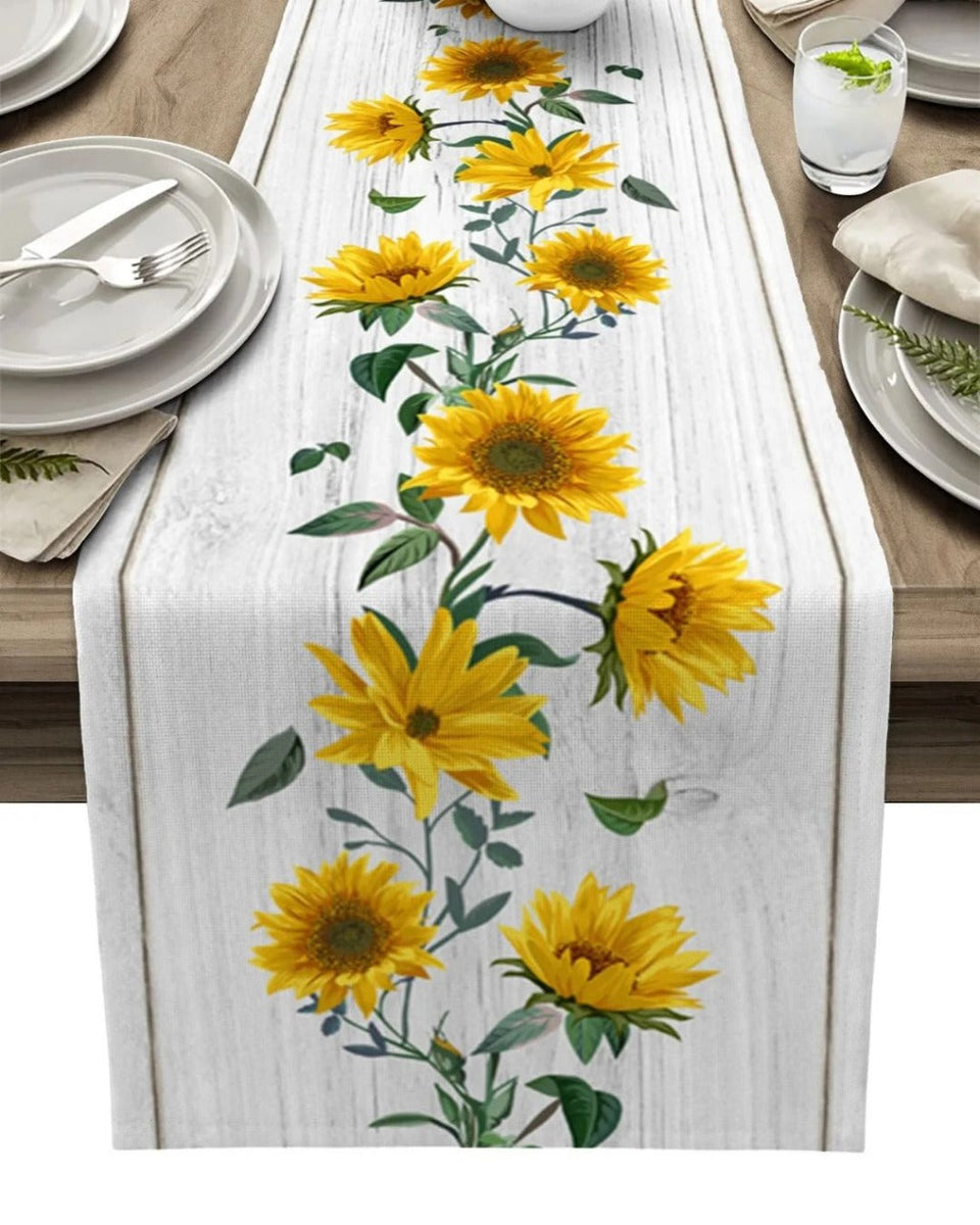 Caminho de Mesa Retrô de Linho com Estampa de Girassol