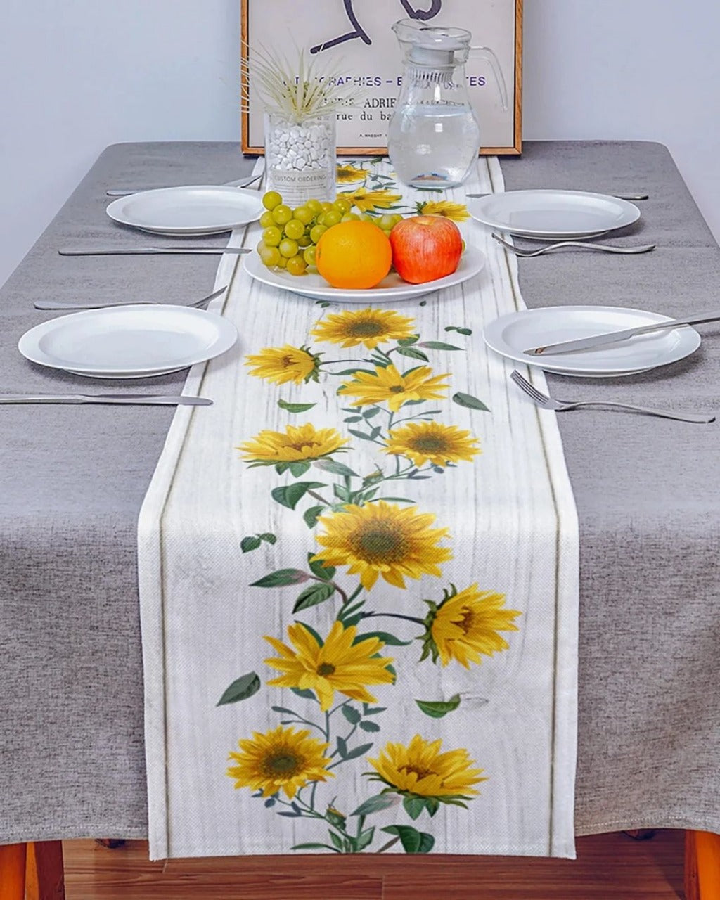 Caminho de Mesa Retrô de Linho com Estampa de Girassol