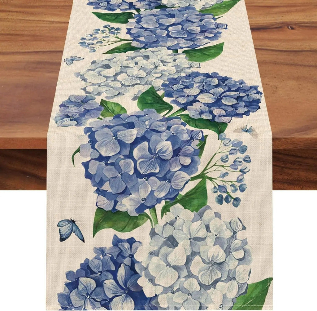 Caminho de Mesa de Linho com Estampa Floral de Hortênsia e Borboletas