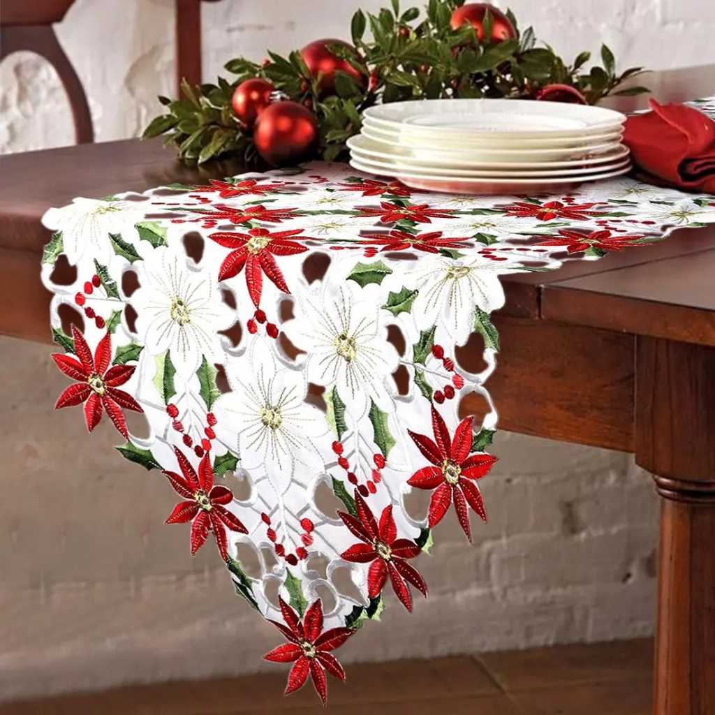 Caminho de Mesa de Natal Bordado Poinsétia