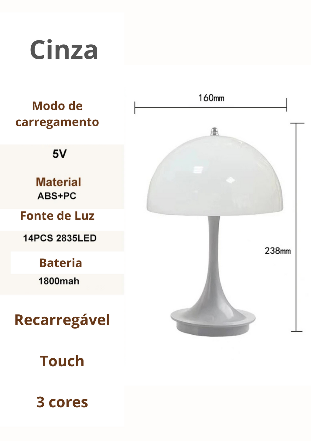 Candeeiro de Mesa Cogumelo LED 3 Cores