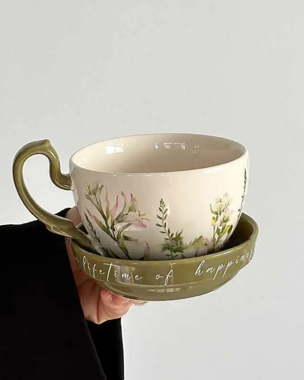 Caneca de Cerâmica com Prato Estilo Retrô 460ml Ideal para Café e Leite