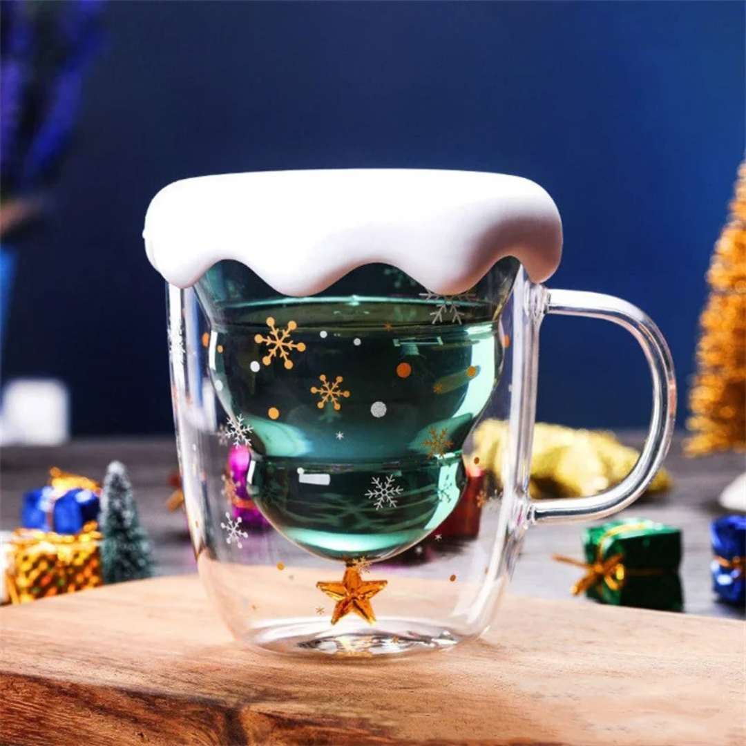 Caneca de Vidro Duplo Criativa de Árvore de Natal 300ml