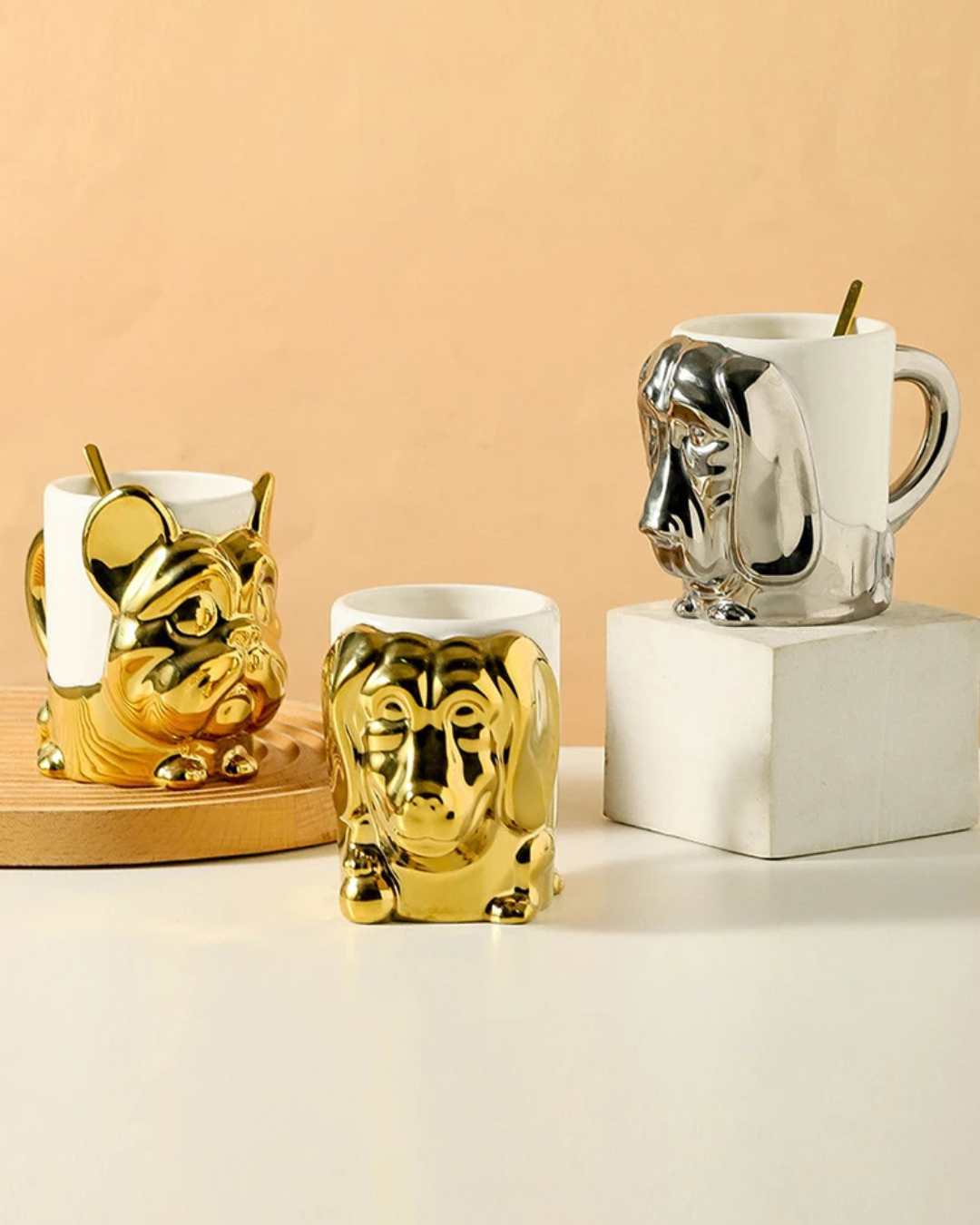 Caneca Criativa Dog 3D em Cerâmica Caneca de Café e Chá com Detalhes Dourados ou Prateados
