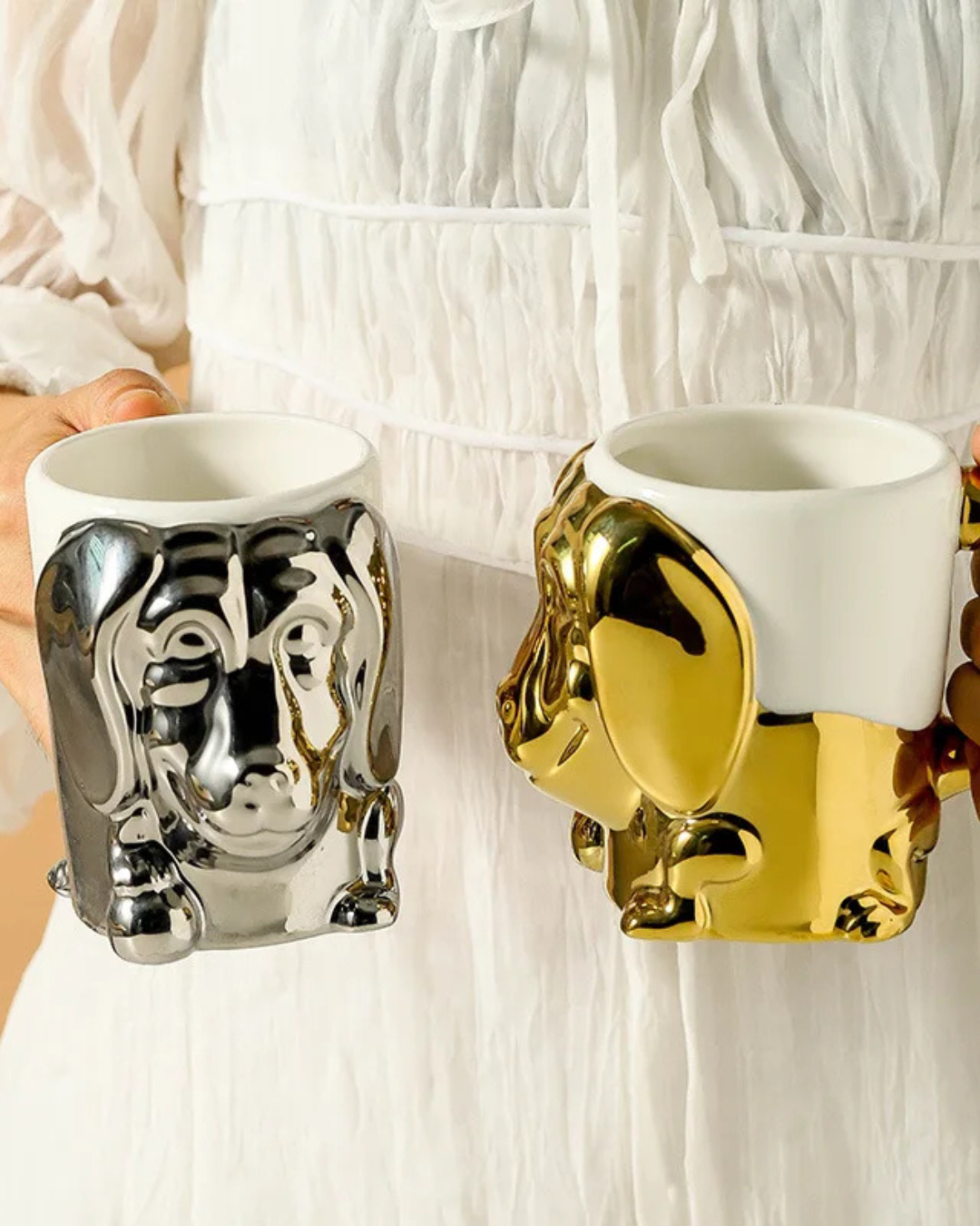 Caneca Criativa Dog 3D em Cerâmica Caneca de Café e Chá com Detalhes Dourados ou Prateados