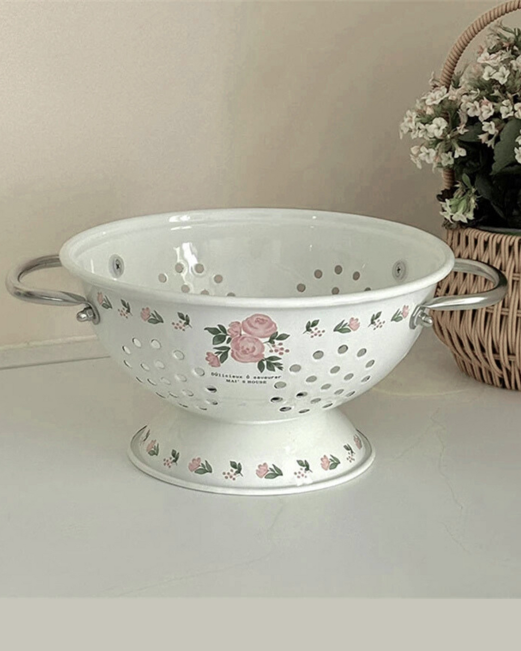 Cesta de Frutas Esmaltada Vintage Rosa Decoração e Armazenamento Elegante