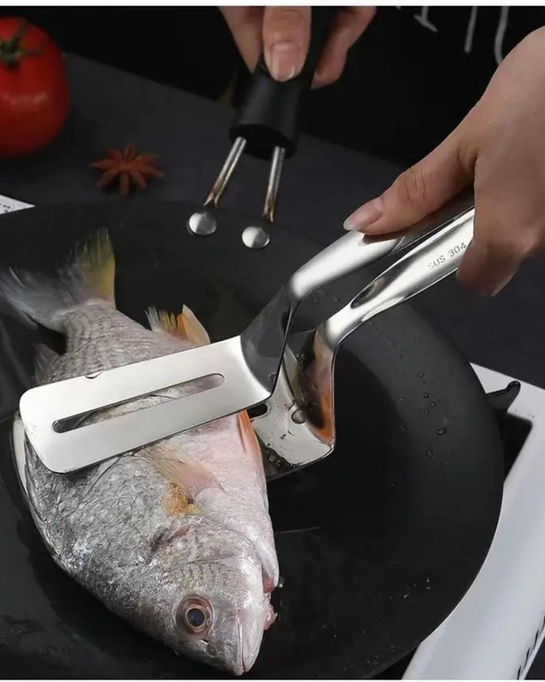 Clipe de Pá de Peixe Frito em Aço Inoxidável 2 em 1 Espátula Dupla para Grelhados