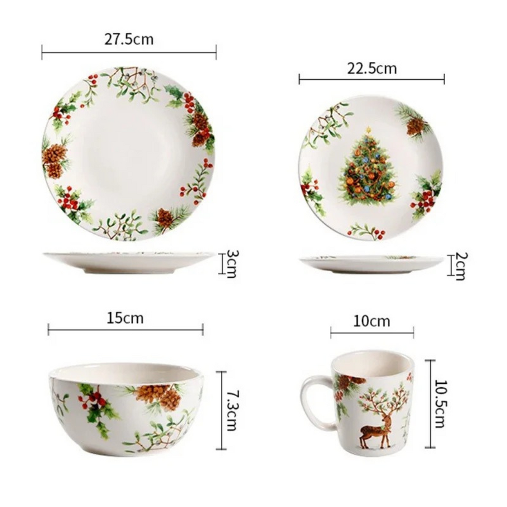 Conjunto de Louça Cerâmica Natalina com Pratos, Bowl e Xícaras