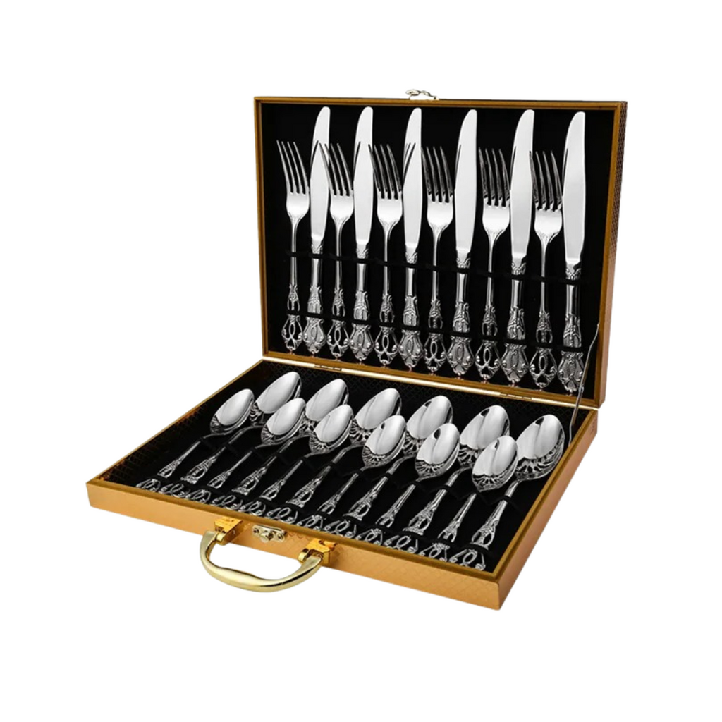 Conjunto de Talheres Luxo Aço Inoxidável 24 Peças Ouro e Prata