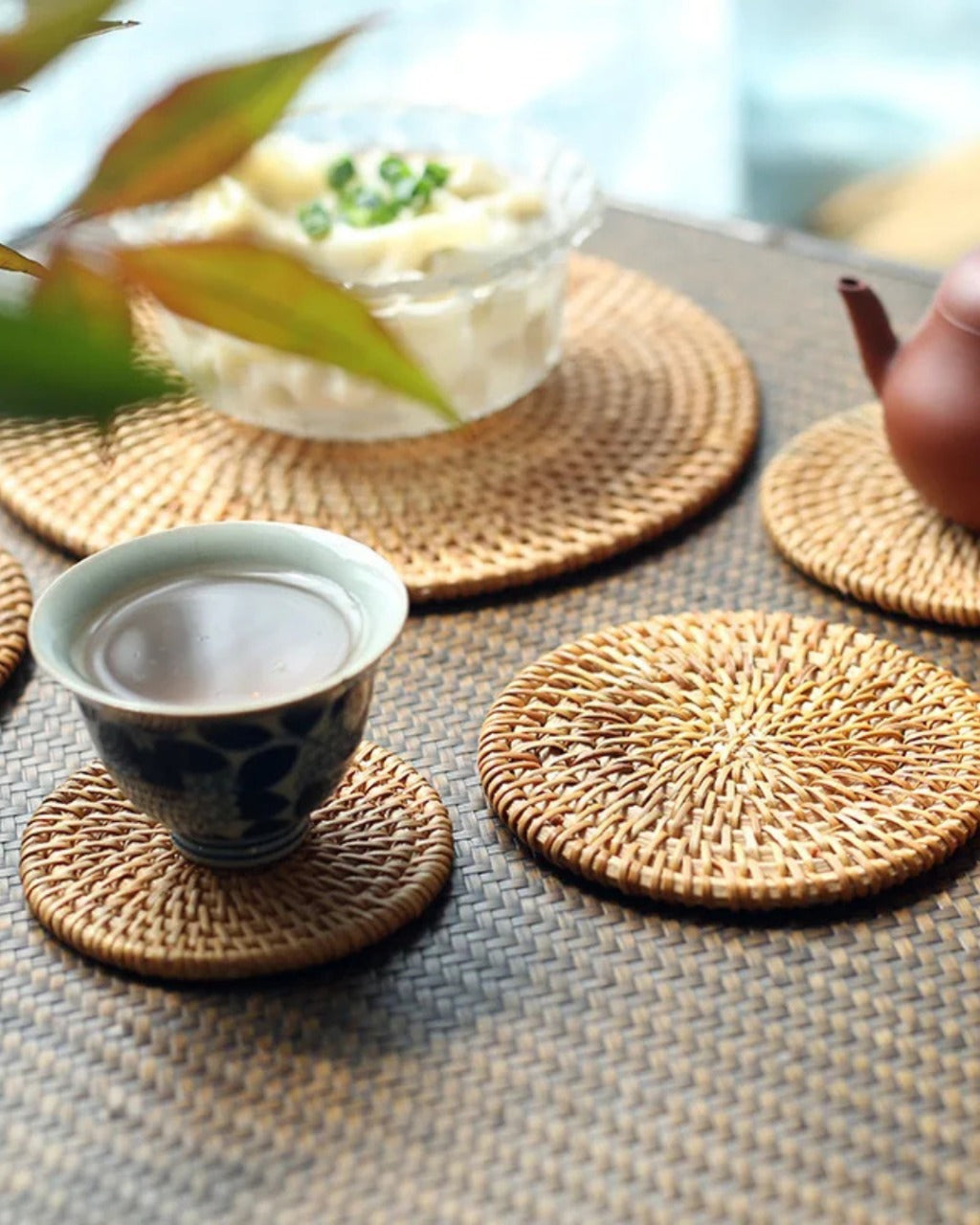 Conjunto de Descansos de Copo de Rattan Natural para Mesa e Cozinha