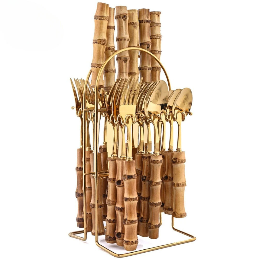 Conjunto de Talheres de 24 Peças com Cabo de Bambu em Aço Inoxidável