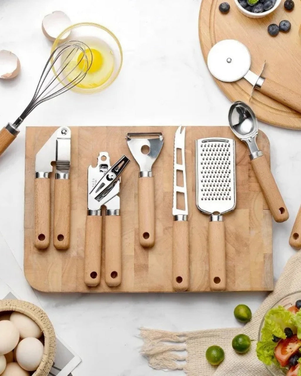 Conjunto de Utensílios de Cozinha com Cabo de Madeira 9 Peças Funcional e Estiloso