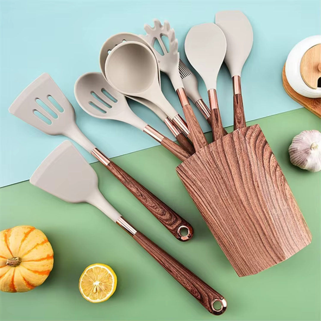 Conjunto de Utensílios de Cozinha de Silicone 10 Peças com Suporte
