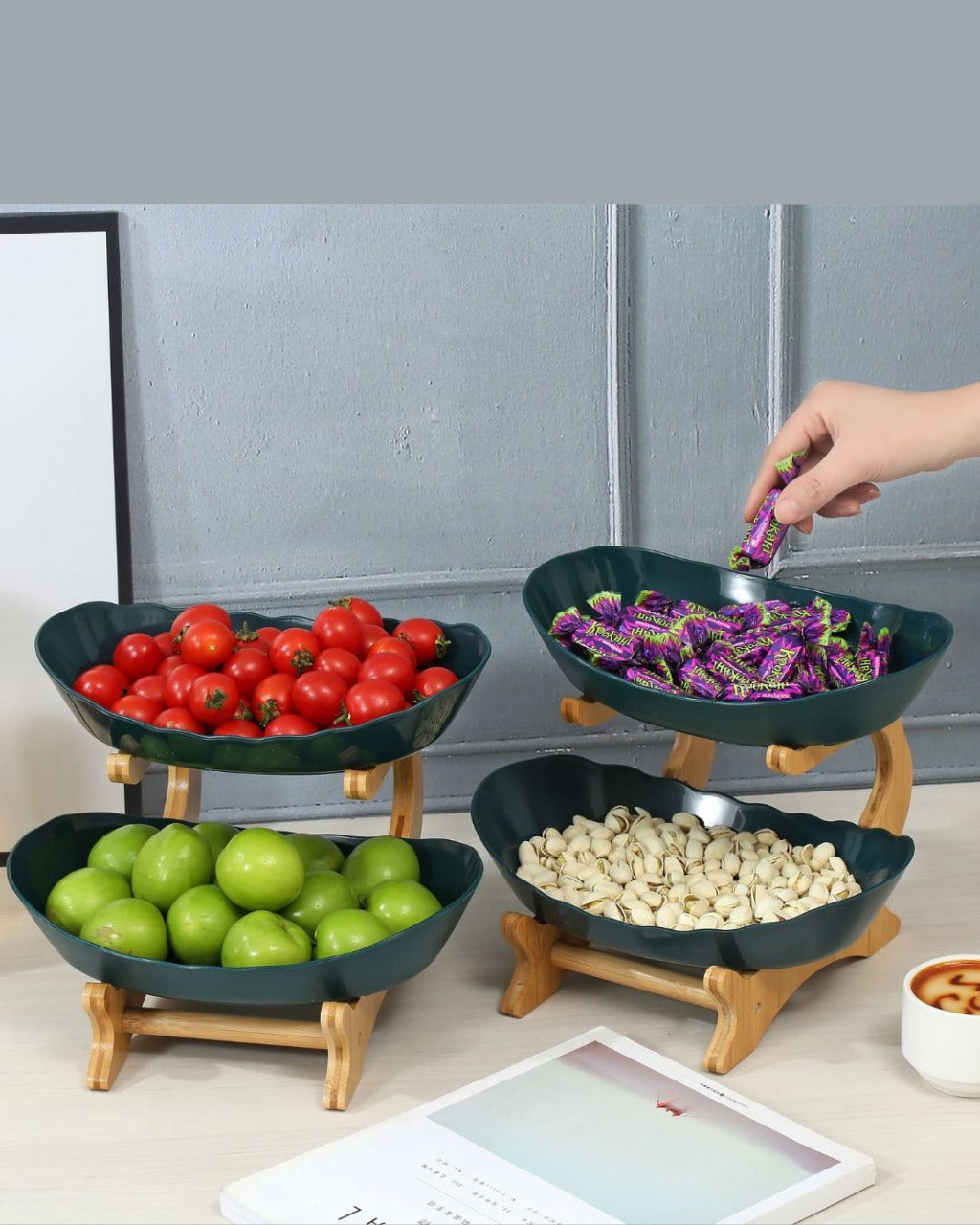 Fruteira com 2 ou 3 Camadas Estrutura em Bambu para Mesa Organizada