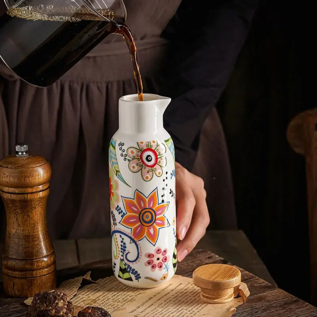 Garrafa de Azeite com Estampa de Flores Vintage em Cerâmica
