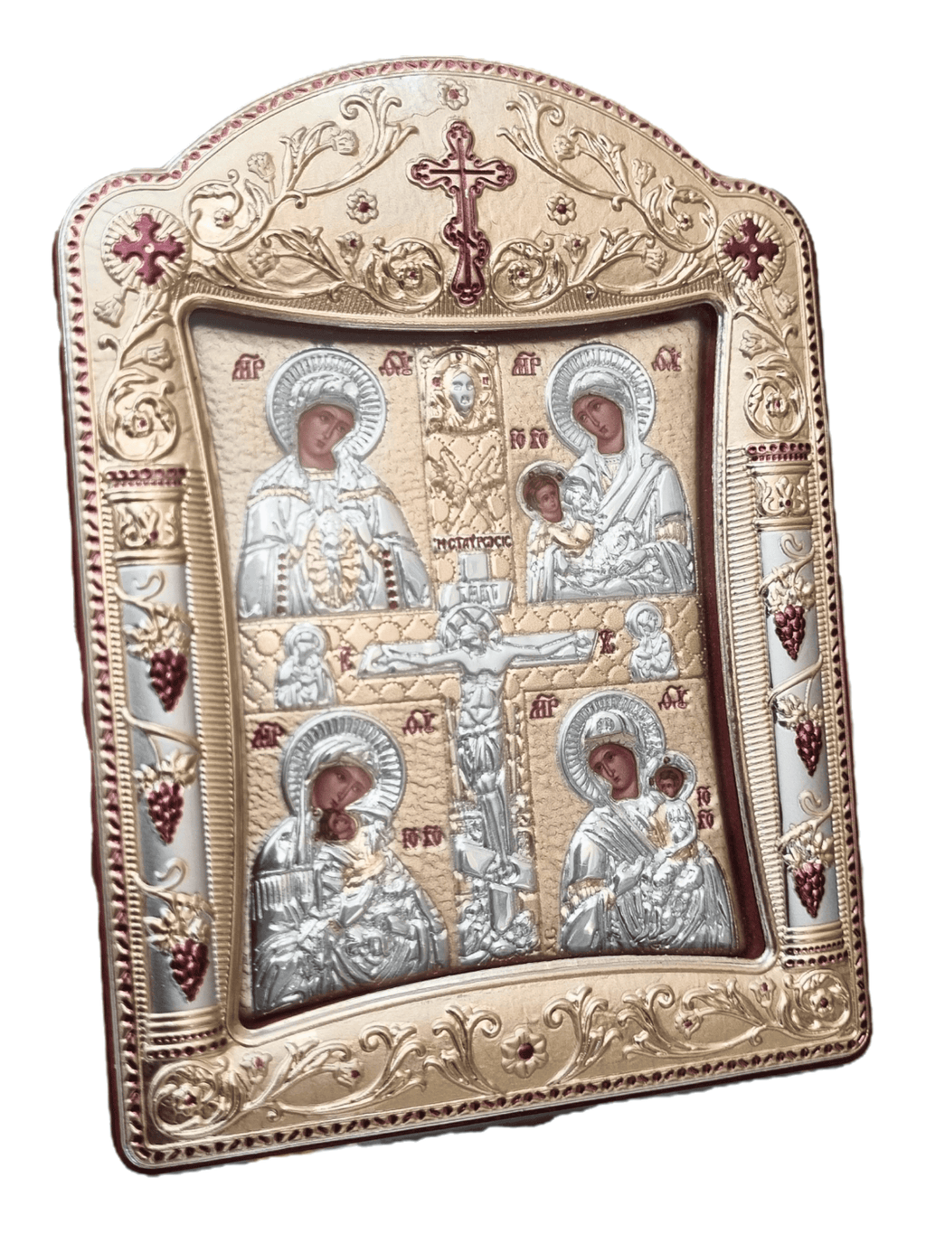 Ícone Grego Mãe de Deus com Cristo Crucificado Prata 11,3 x 15,2 cm