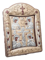 Ícone Grego Mãe de Deus com Cristo Crucificado Prata 11,3 x 15,2 cm