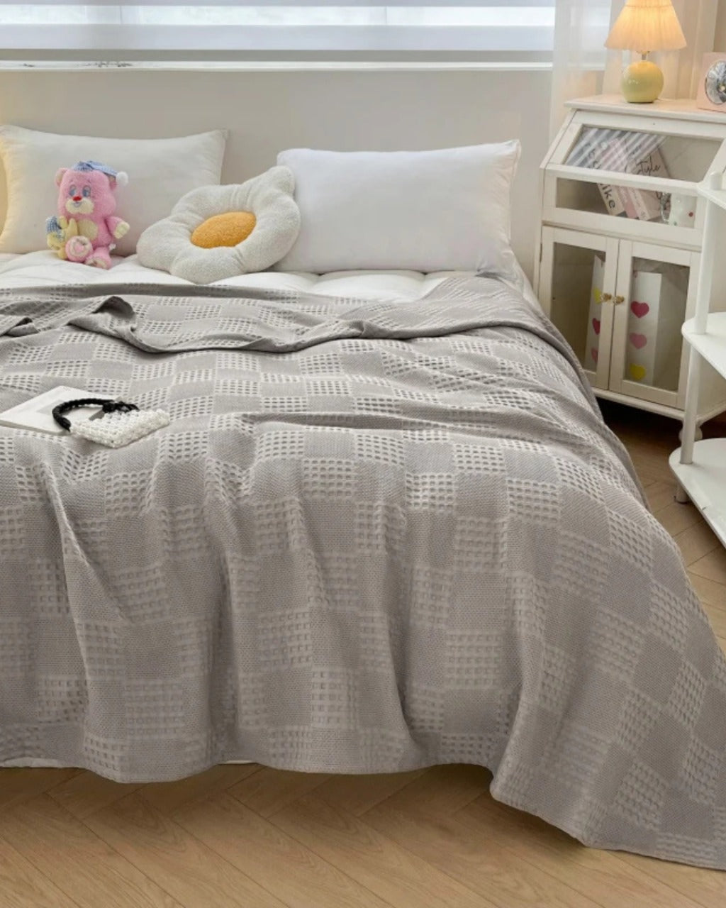 Manta de Algodão Waffle Macia e Respirável para Cama e Sofá
