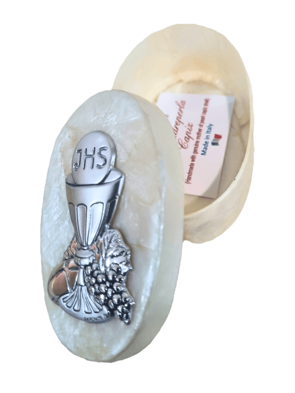 Porta Terço Italiano de Madrepérola e Prata Oval Eucaristia 7 x 4,5 cm
