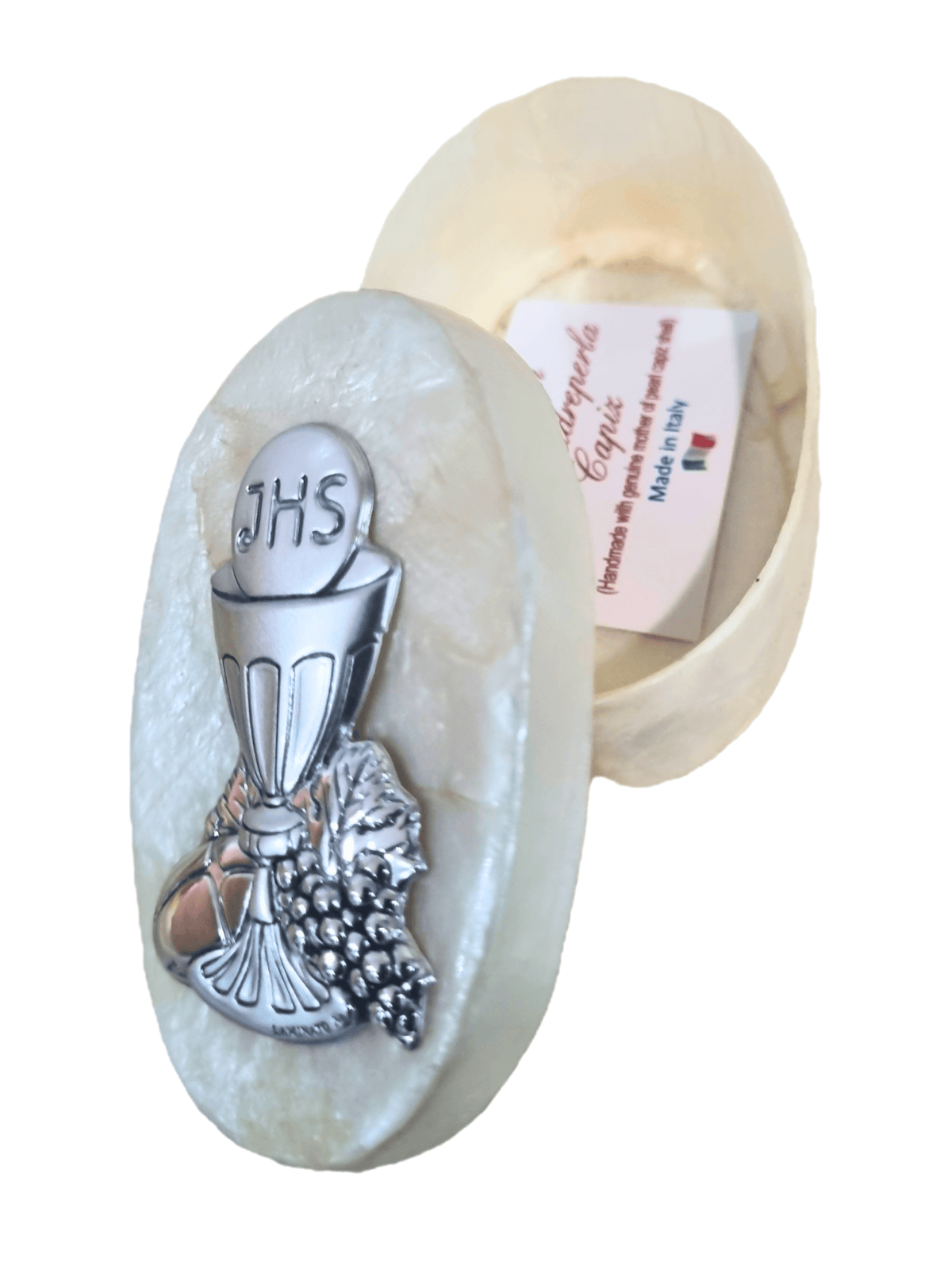 Porta Terço Italiano de Madrepérola e Prata Oval Eucaristia 7 x 4,5 cm