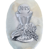 Porta Terço Italiano de Madrepérola e Prata Oval Eucaristia 7 x 4,5 cm