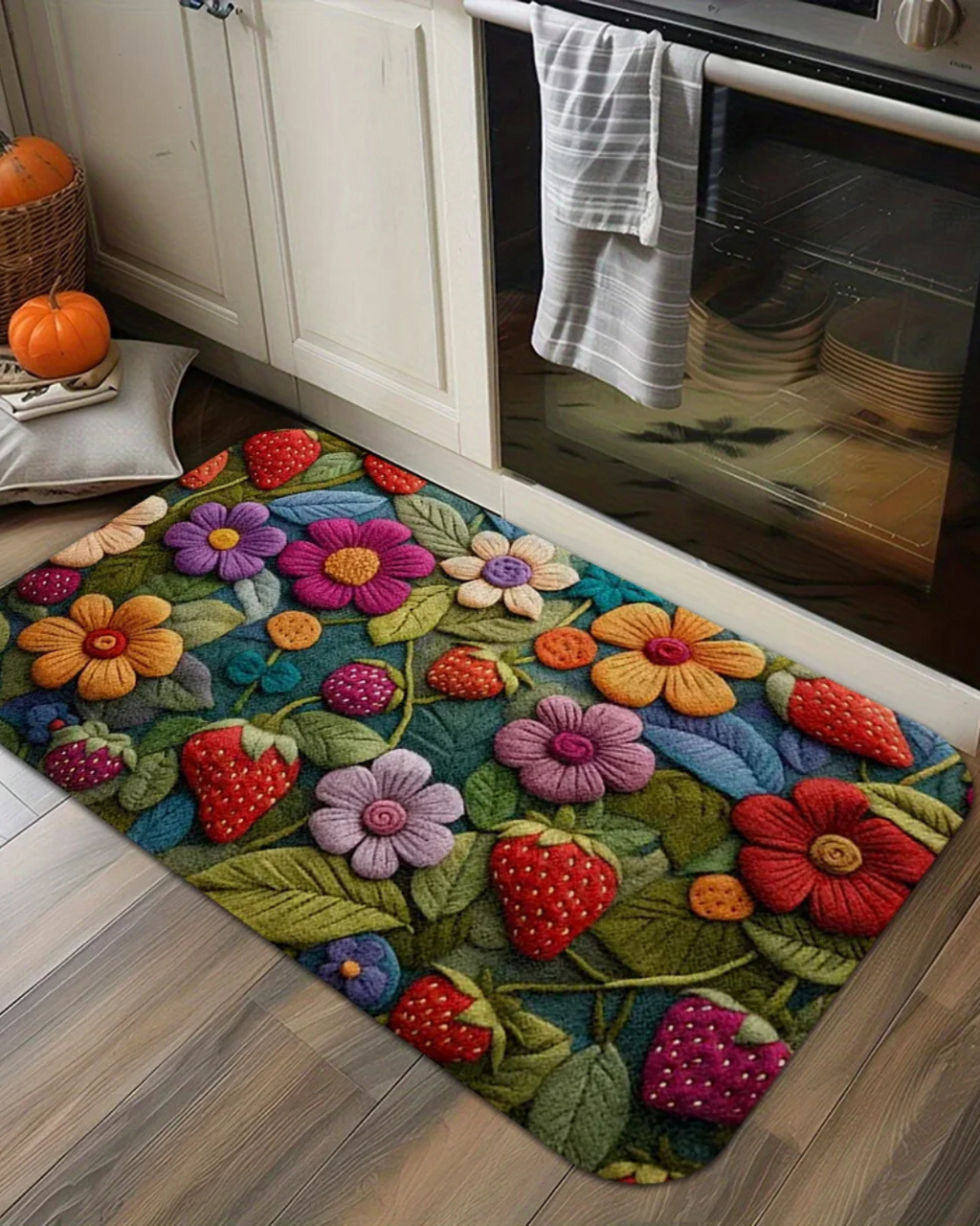 Tapete 3D Morango com Flor Macio, Antiderrapante e Decorativo