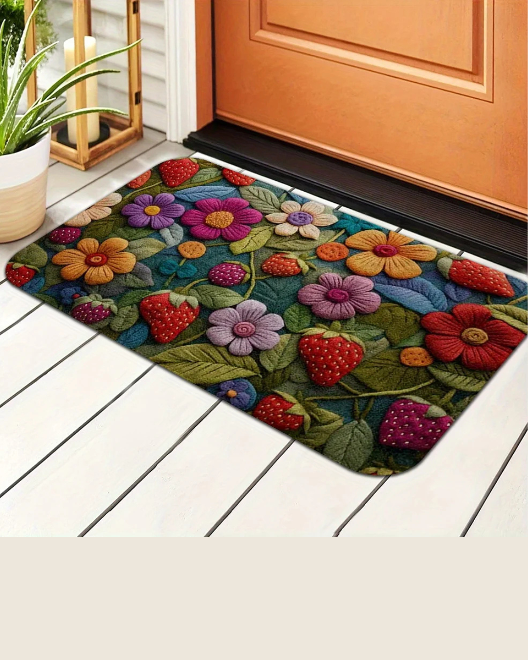 Tapete 3D Morango com Flor Macio, Antiderrapante e Decorativo