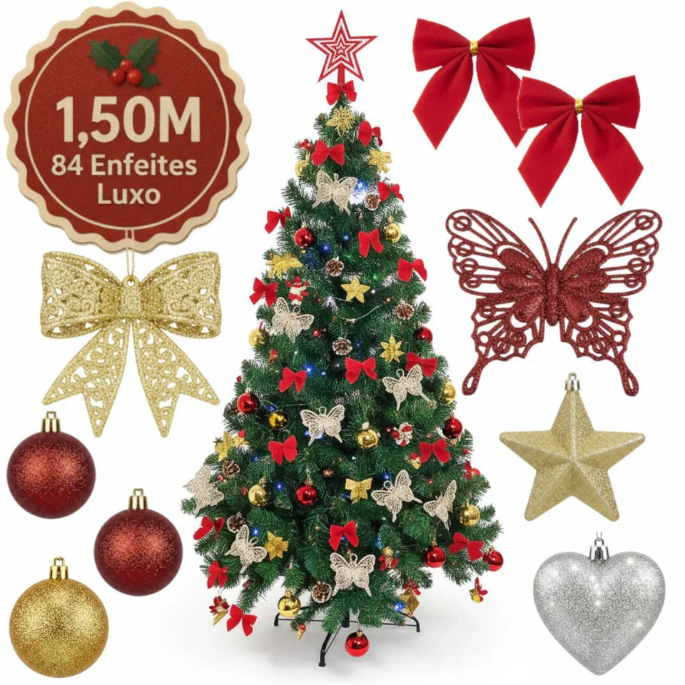 Kit Completo de Árvore de Natal 1,5m com 84 Enfeites