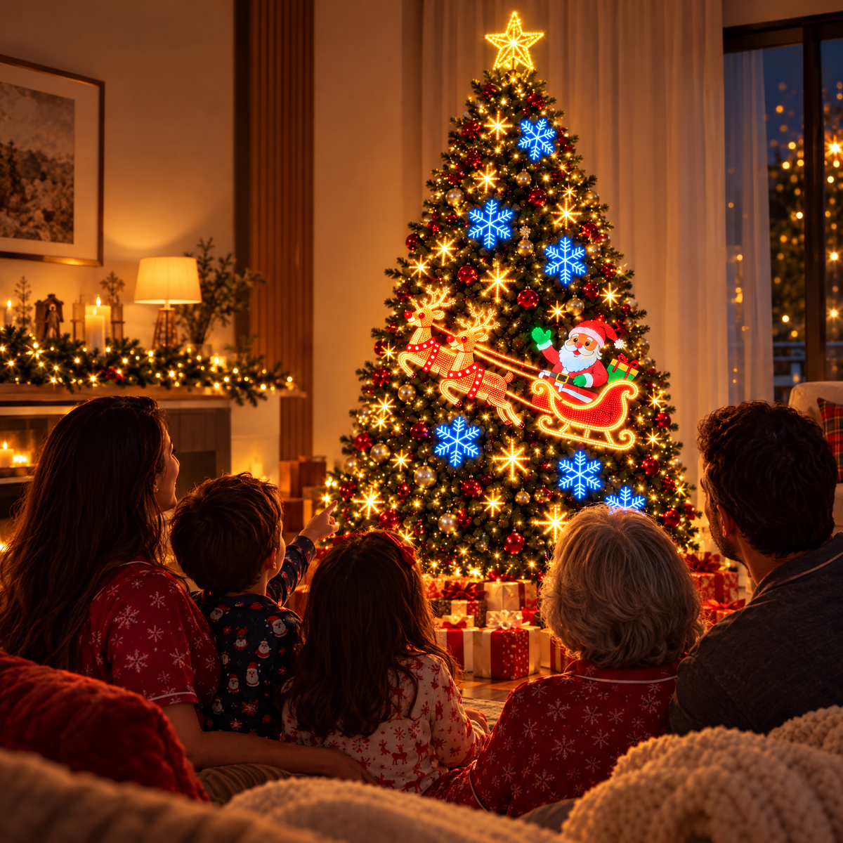 Família admirando a árvore de Natal com o Magic Light