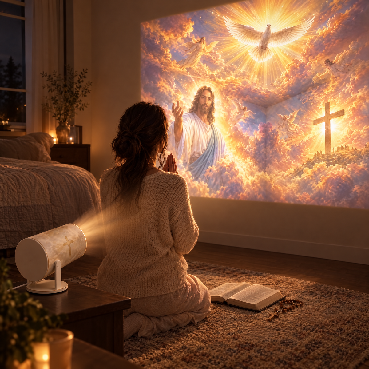 Momento de oração com o Projetor Luz Divina