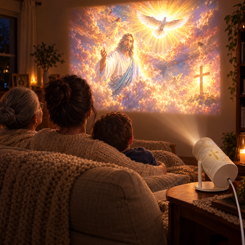 Família admirando a cena projetada pelo Projetor Luz Divina