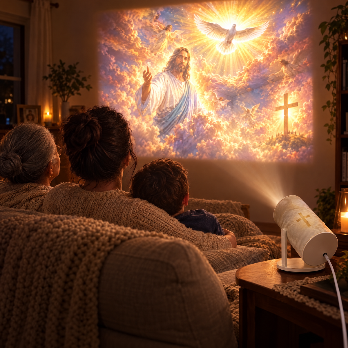 Família admirando a cena projetada pelo Projetor Luz Divina