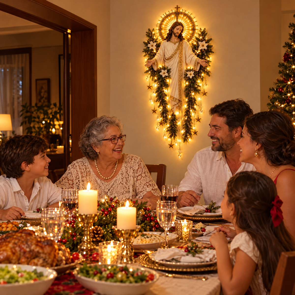 Família na ceia de Natal com o Cristo Iluminado na parede