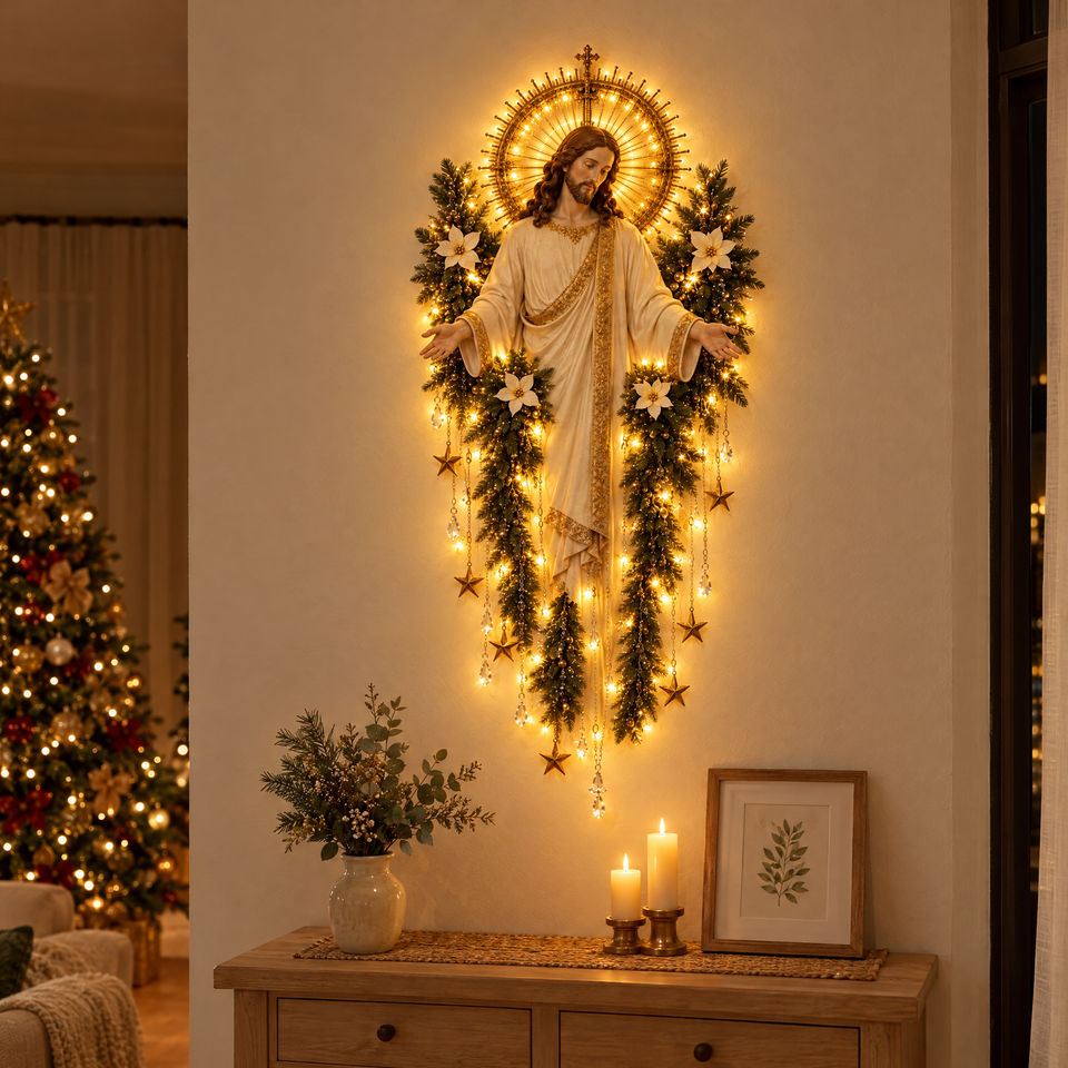 Cristo Iluminado na parede da sala à noite