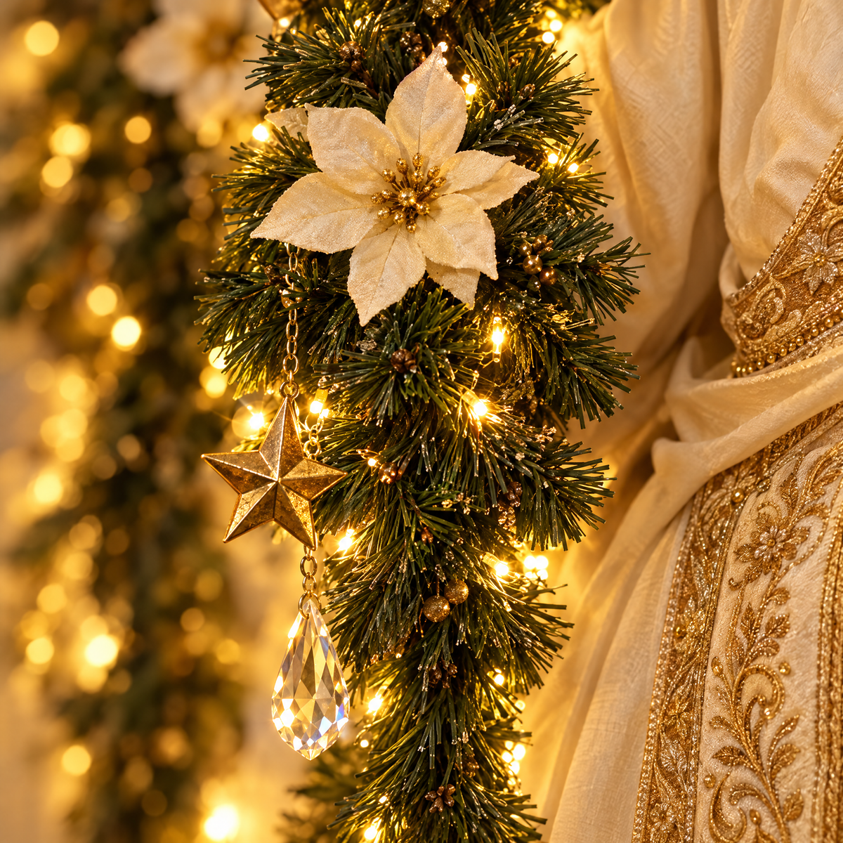 Detalhe da guirlanda com flor, estrela e cristal