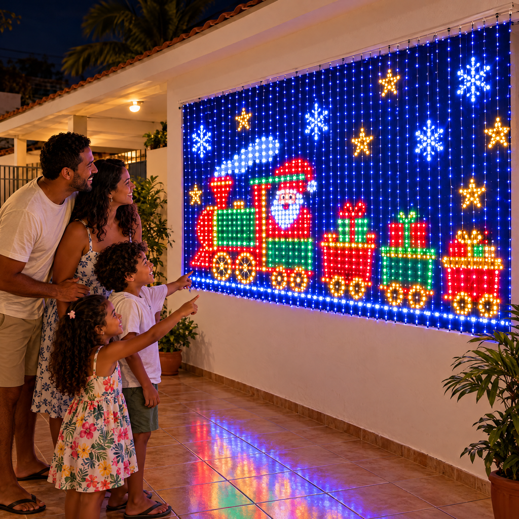Família admirando o trenzinho de Natal