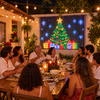 Ceia de Natal no quintal com a cortina de LED