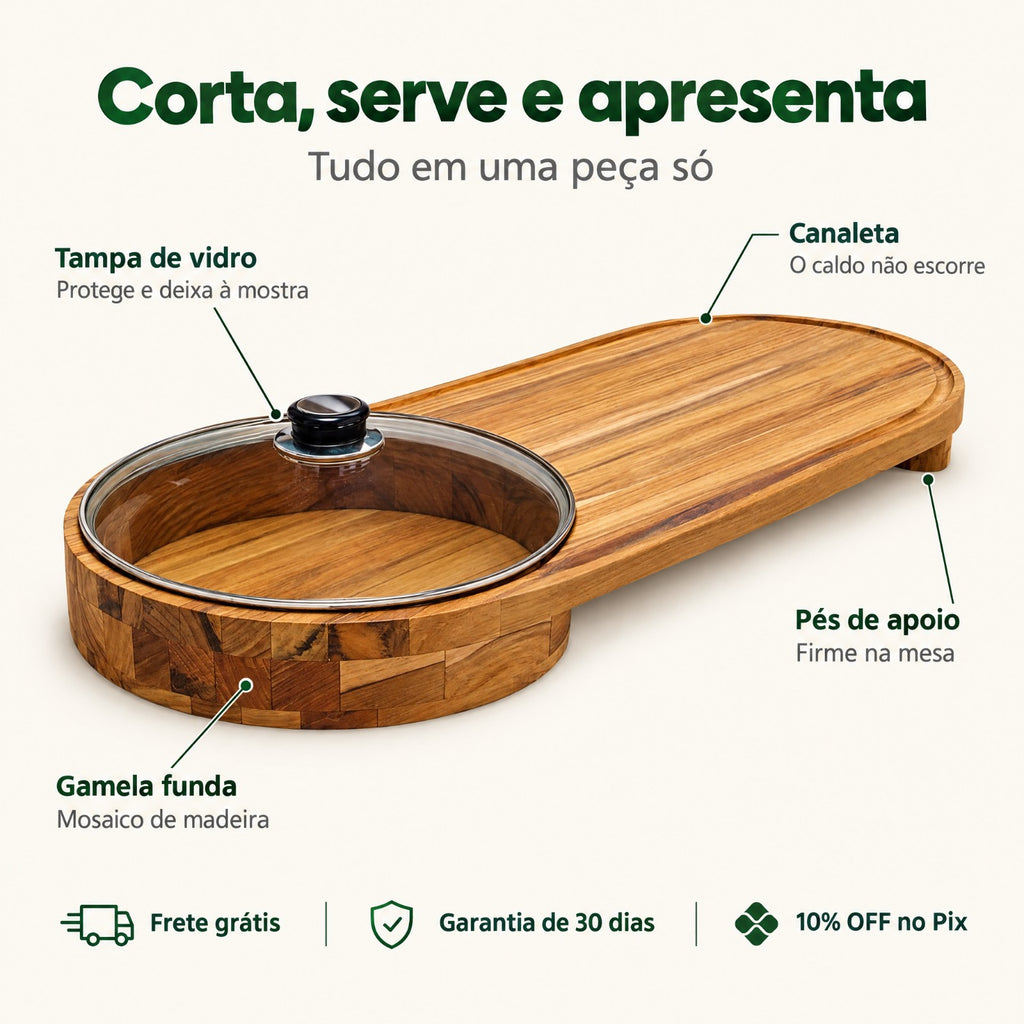 Tábua de Churrasco Gourmet com Gamela e Tampa de Vidro