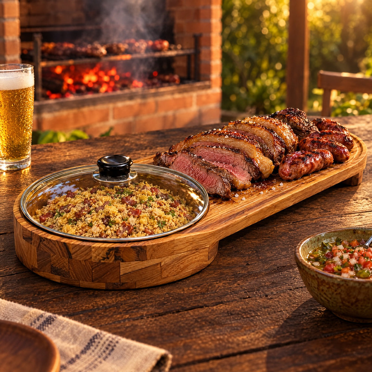 Tábua de Churrasco Gourmet com Gamela e Tampa de Vidro