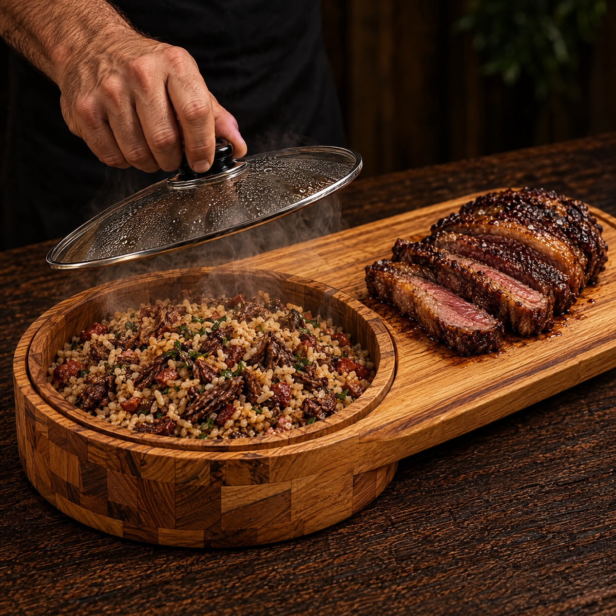 Tábua de Churrasco Gourmet com Gamela e Tampa de Vidro